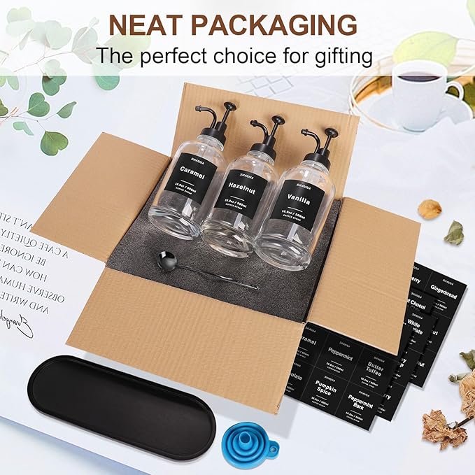 Coffee Syrup Dispenser for Coffee Bar, 16.9oz 500ml Glass Syrup Dispenser w Black Coffee Scoop, Coffee Syrup Pump Dispenser w 36 Labels and Bamboo Tray, Coffee Syrup Bottles with Black Pump, 3PCS