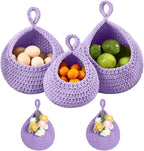 Hanging Storage Baskets Boho Decor Set of 3, Handmade Cotton Rope Wall-Mounted Fruit & Vegetable Baskets, Decorative Hanging Organizers for Kitchen, Entryway, Bathroom & Bedroom