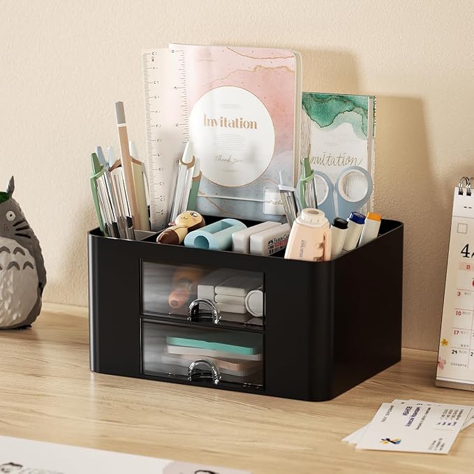 Stationary Organiser 7-Grid Desk Organizer with Drawer – Multifunctional Plastic Table Organizer & Pen Holder for School, Office, and Home (Black)