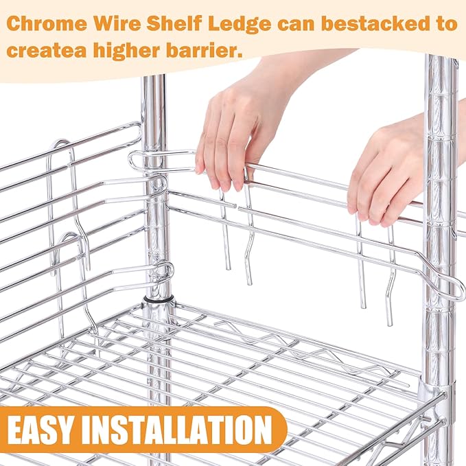 4 Pcs Chrome Wire Shelf Ledge 18" L x 5" H Wire Shelving Side Ledge Metal Shelves Accessories Pantry and Garage Storage (Silver)