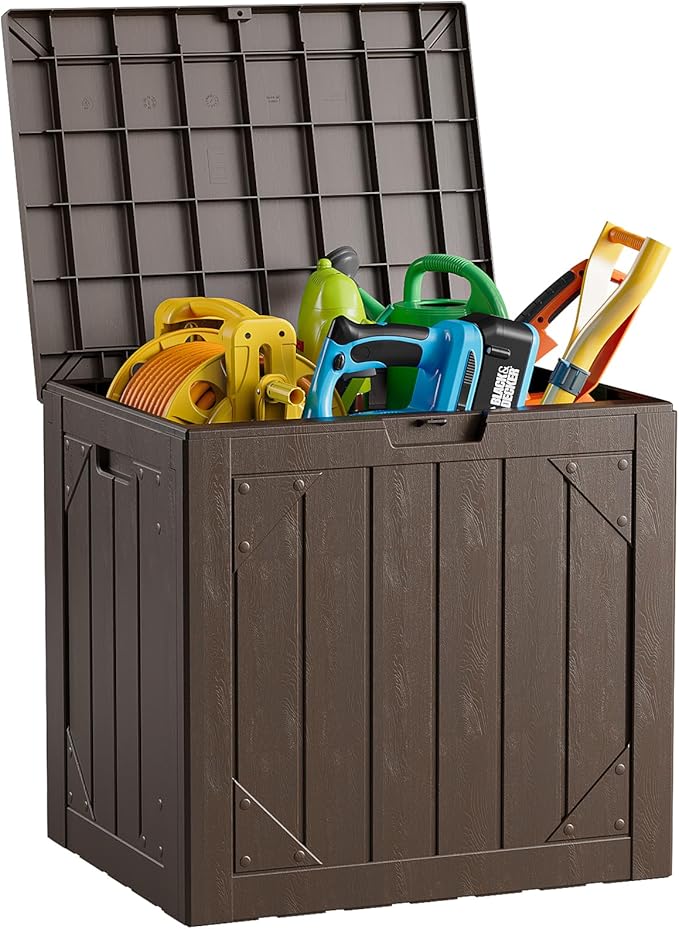Outdoor Storage Box - 30 Gallon Waterproof Resin Deck Box, Lockable Patio Storage Bench for Package Delivery, Cushions & Garden Tools, UV Resistant (Brown)