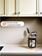 BUBBLE-FLY Modern Kitchen Utensil Holder with Drainage, Black and Wood Base, 3 Compartment Divided Organizer for Spoons Forks Knives, Countertop Caddy for Cooking Tools and Cutlery Storage- Non-Slip
