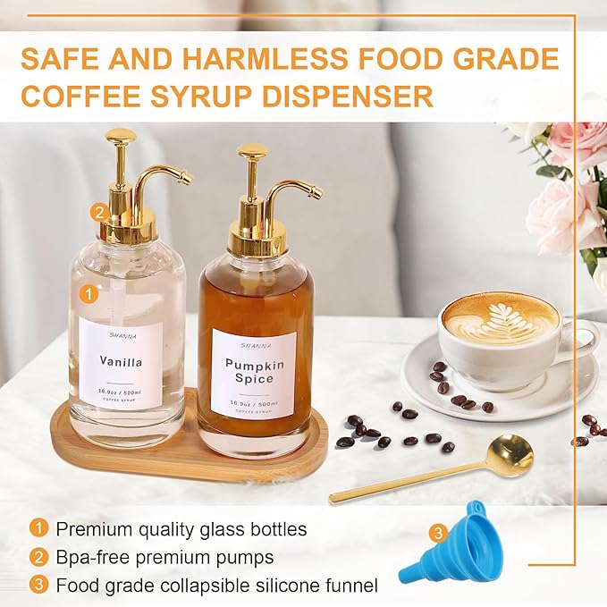 Coffee Syrup Dispenser for Coffee Bar, 16.9oz 500ml Glass Syrup Dispenser w Golden Coffee Scoop, Coffee Syrup Pump Dispenser w 36 Labels and Bamboo Tray, Coffee Syrup Bottles with Golden Pump, 2PCS