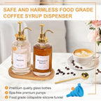 Coffee Syrup Dispenser for Coffee Bar, 16.9oz 500ml Glass Syrup Dispenser w Golden Coffee Scoop, Coffee Syrup Pump Dispenser w 36 Labels and Bamboo Tray, Coffee Syrup Bottles with Golden Pump, 2PCS