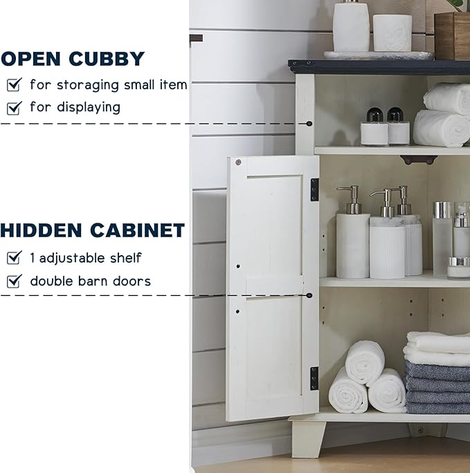 ACCOHOHO Corner Bathroom Cabinet, Farmhouse Small Corner Cabinet with Barn Door & Adjustable Shelf, Storage Cabinets for Bathroom, Kitchen, Living Room, Off White