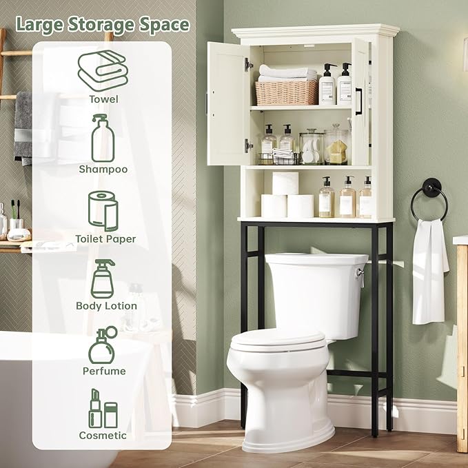 Over The Toilet Storage Cabinet, Over The Toilet Cabinet with Doors, Over Toilet Bathroom Organizer Above Toilet Storage Cabinet with Inner Adjustable Shelf and Anti-Tip Device, Cream White