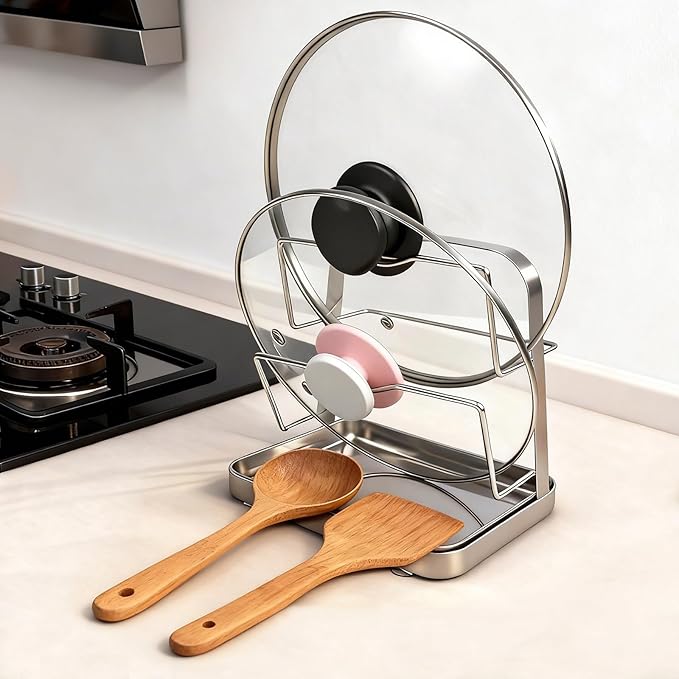 304 Stainless Steel Pot Lid Organizer & Spoon Rest, Pot Lid Holder Storage Rack for Kitchen Countertop, Multifunctional Stove Top Pot Cover Stand While Cooking