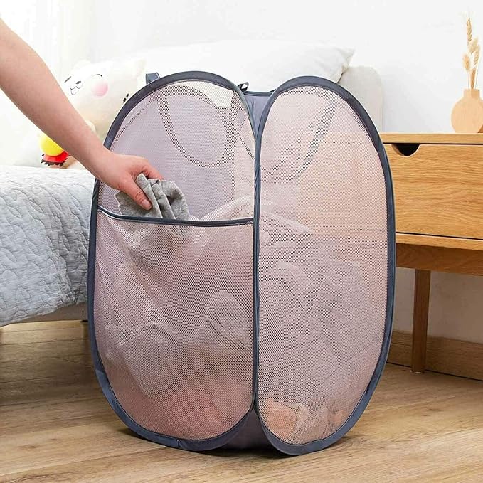 2 Pack Mesh Laundry Hampers, Pop Up Laundry Baskets, Collapsible Clothes Storage Bins for Bedroom, Dormitory, Apartment, Grey+ Navy Blue