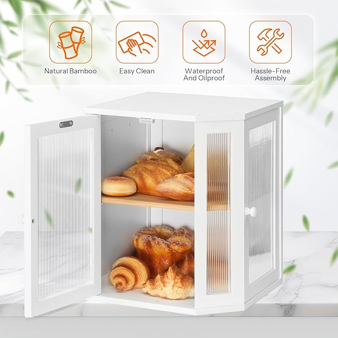 HOOBRO Bamboo Bread Box, Kitchen Countertop Corner Bread Box, Large Capacity 2-Tier Bread Container, Bread Storage Container with Dual Rippled Acrylic Doors, for Kitchen Food Storage, White WT12MB01