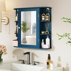 Tangkula Bathroom Medicine Cabinet with Mirror, Wall Mounted Home Storage with Door & 6 Open Shelves, Adjustable Shelves, Mirrored Bathroom Wall Cabinet (Blue)