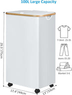 efluky Laundry Basket with Wheels, Tall Rolling Laundry Hamper with Lid and Removable Bag, Aesthetic Dirty Clothes Hamper on Wheels for Laundry Room, Bedroom, Dorm and Bathroom, 100L White