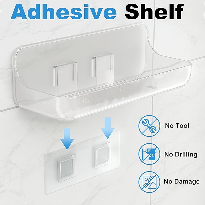4 Pack Acrylic Bathroom Shelves, Clear Adhesive Stick on Shelf with 8 Pack Adhesive