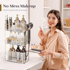 Bathroom Counter Organizer Countertop, 3 Tier Makeup Perfume Storage with Hair Dryer Rack and Toothbrush Holder, Cosmetic Tray for Vanity - Clear