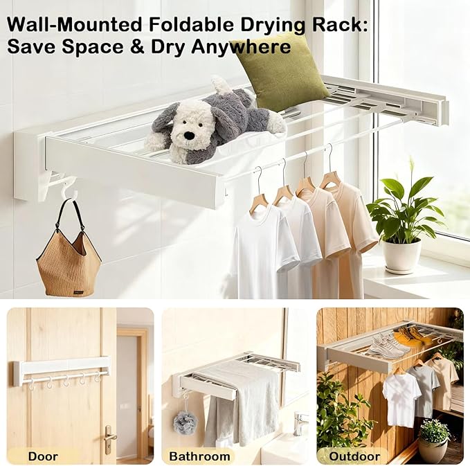 Wall Mounted Clothes Drying Rack 27 inches,Foldbale Laundry Drying Rack 6 Rods,Hidden Drying Rack Clothing,Retractable,Collapsible,Screws Needed Folding Laundry Rack (White, Medium)