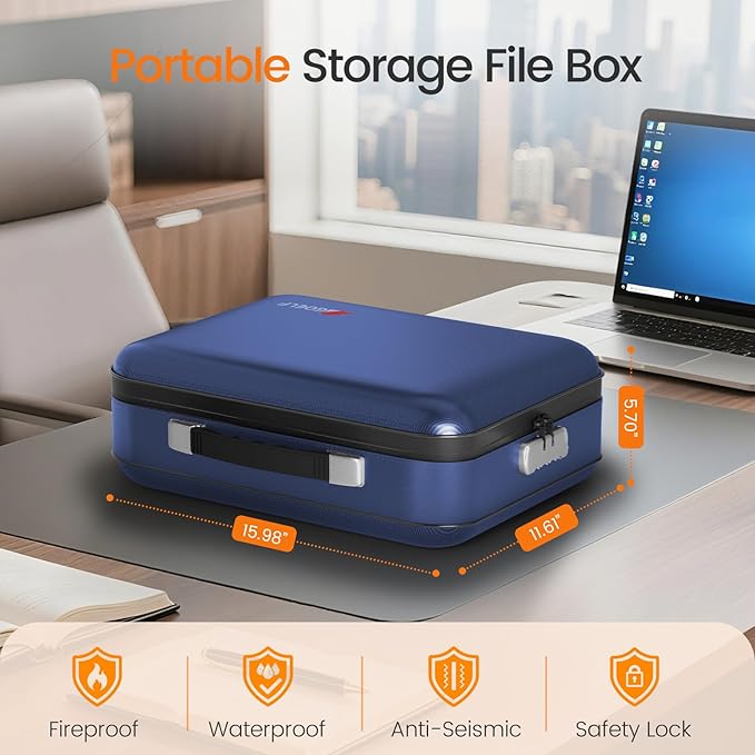 Fireproof Document Box with Lock, 5200°F Fireproof Water Resistant Hard Case File Organizer Safe Box for Important Documents, Certificates, Laptop, Passports (Blue)