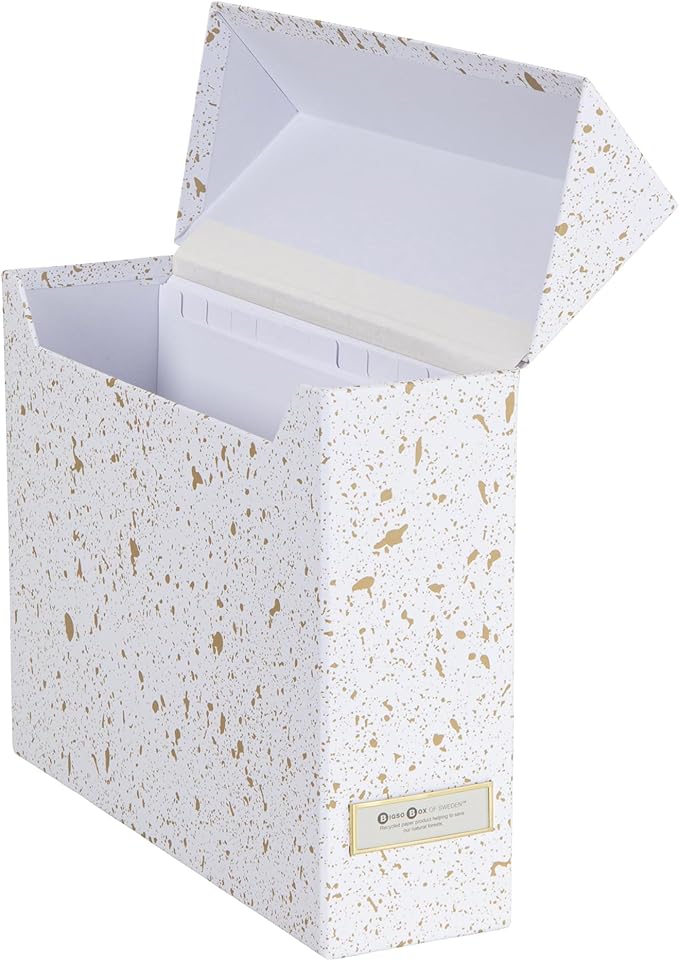 Bigso Lovisa Fiberboard Label Frame 12 File Storage Box - Paperwork Storage Box with Metal Label Holder - Durable Document Organizer with Flip Top Lid - 3.7in x 13in x 9.4 in - Splash Gold
