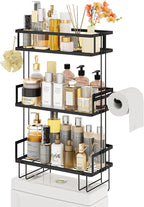 Godboat Bathroom Organizers and Storage, 3-Tier Wall Shelves, Over Toilet Rack with Paper Holder and 2 Hooks, Floating Shelf & Accessories, Gifts for Women, Mom, Mothers Day (Black)