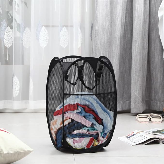 Mesh Pop up Laundry Hamper with Portable Handles, Collapsible Laundry Basket for Storage, Folding Pop-Up Clothes Hampers for Home, College Dorm or Travel, Black