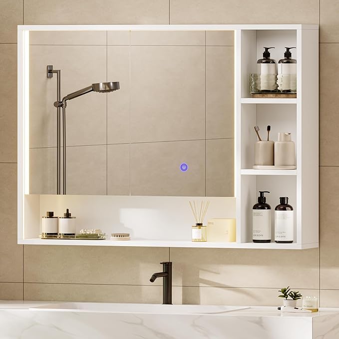 Hasuit Lighted Medicine Cabinet with Mirror and Shelves, Modern Bathroom Medicine Cabinet with Open Storage, Aluminum Channel LED Lights, 35.4'' x 30.7'', White