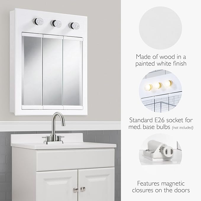 Design House Concord Medicine Cabinet, 3 Mirrored Doors, Pre-Assembled, 2 Fixed Shelves, Wall Mount, 3 Vanity Lights, White Frame Wall Cabinet, 24 in W x 5 in D x 30 in H, 532374-WHT