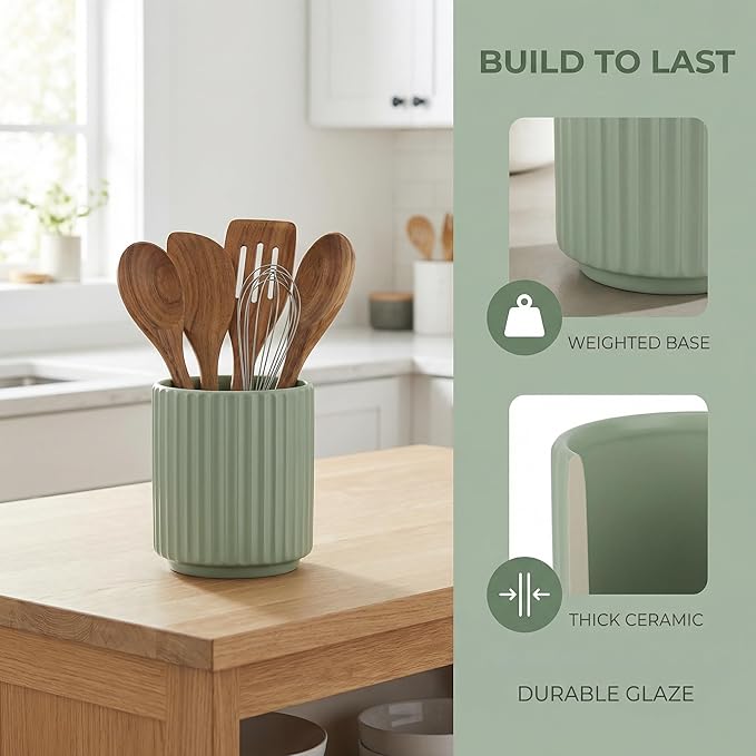 Cooking Utensils Holder for Kitchen Counter (H5.51” x W4.92”), Ceramic Crock for Kitchen Utensils, Cooking Spoon Holder for Countertop, Includes Silicone Drying Mat Green