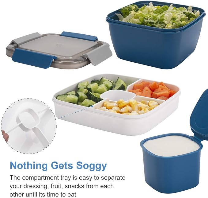 Freshmage Salad Lunch Containers To Go, 52 oz Bowls with 3 Compartments, Dressings Container for Toppings, Men, Women (Blue+Blue)