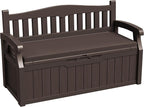 Greesum 80 Gallon Outdoor Storage Bench Deck Box with Cushion & Armrest, Lockable, Waterproof UV Resistant, Comfortable Seating for Patio, Pool, Garden, Brown