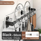 Hanging Wall Mount knife Wall Mount, Kitchen Organizer Storage Shelf for Utensils Spatula Spoon, Space-Saving Knife Rack with Hooks,Wall-Mounted Utensil Holder (Black, 50CM+Single Pole+8Hooks)