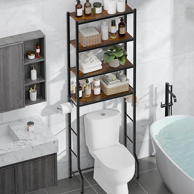 Kitsure Over The Toilet Storage Rack - Freestanding Over The Toilet Storage Cabinet with Paper Holder & Hooks, Bathroom Organizers and Storage, Brown + Black, 4 Tiers (72.6" H)