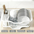 2-Piece Plastic Dish Drying Rack, Heavy Duty Sink Set Dish Rack, White Large Drainer with Attached Drainboard Utensil Cup Holders for Home Kitchen Counter Top Organizers