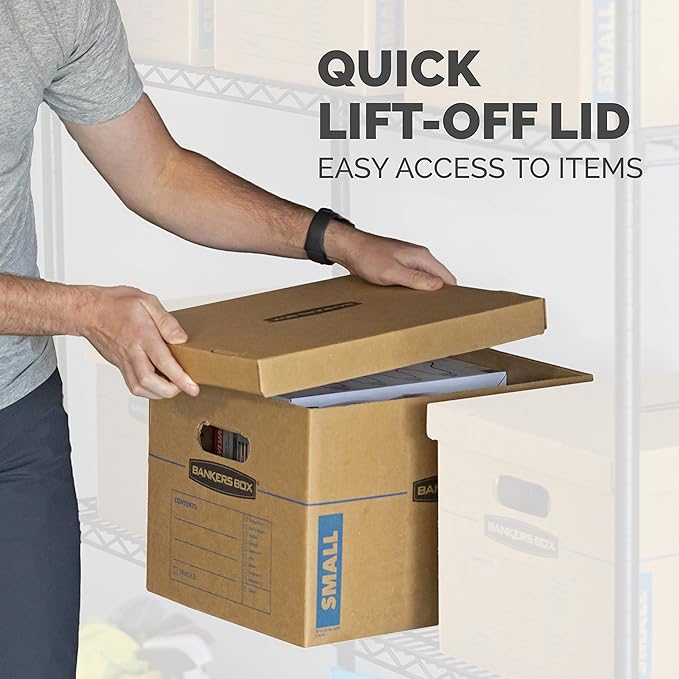 Bankers Box Small Classic Moving Box 10 Pack, Reinforced Handles, Tape-Free Assembly, Corrugate Box with Lid, 15-in x 12-in x 10-in (7714203)
