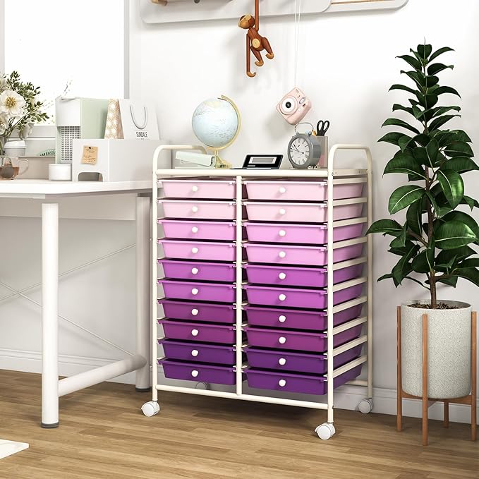 COSTWAY 20-Drawer Rolling Storage Cart, Utility Storage Organizer Cart for Tools, Scrapbook, Paper, Craft, Multipurpose Storage Trolley on Wheels for Home Office School, Purple Gradient