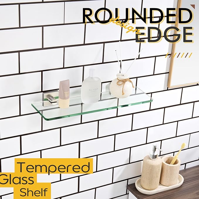 KOKOSIRI Glass Shelf for Bathrooms Floating Shelves Wall Mount 16-Inch for Shower Storage Kitchen Rack, 2 Pack Brushed Stainless Steel B1107BR-L16-P2