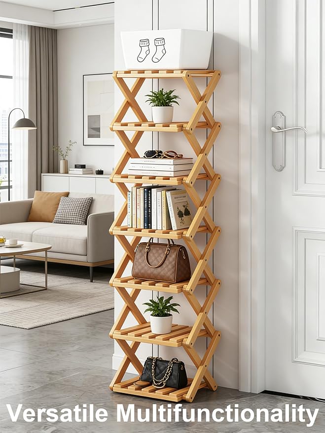 The 9-Tier No-Assembly Bamboo Rack, New Upgrade 9 Tier Bamboo Shoe Rack, Space-Saving Tall Narrow Accordion Shoe Rack for Entryway Closet Dorm (Brown-3)