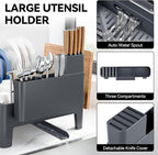 Expandable Dish Drying Rack, Stainless Steel Dish Rack with Aluminum Frame, Dish Drainer for Kitchen Counter, Space Saving Kitchen Drying Rack with Movable Utensil Holder,Gray