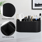 Aesthetic Remote Control Holder, PU Leather Pen Holder for Desk with 3 Compartments for Home Office Supplies and Accessories, Stylish Bedside Remote Holder Nightstand Desktop Organizer (Black)