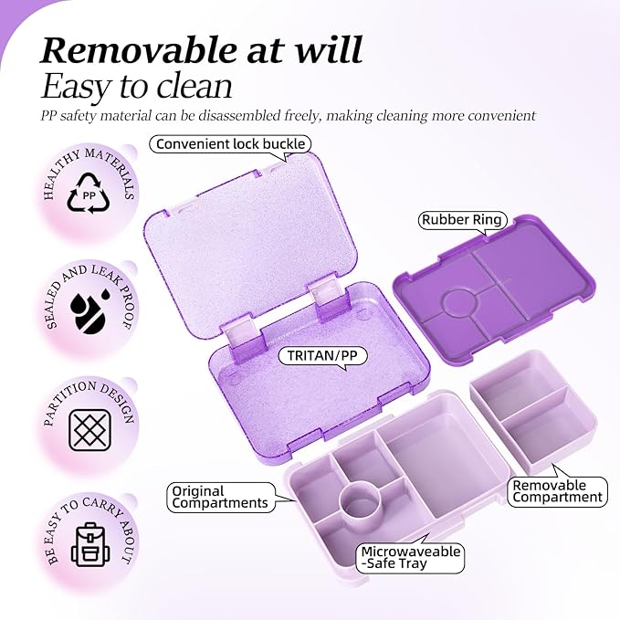 Bento Lunch Box for Kids, 6 Compartments BPA Free, Dishwasher Safe Back to School Snack Bento Lunch Containers Boxes, Ideal Portion Sizes for On-the-Go Meal, Shiny Purple