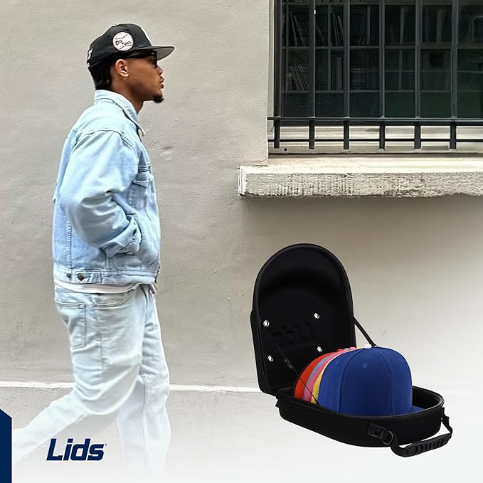 Lids Hat Travel Case – Baseball Cap Carrier for 6 Hats, Durable Black Exterior with Light Blue Interior, Storage with Handle & Adjustable Shoulder Strap, Hard Hat Organizer for Travel & Closet