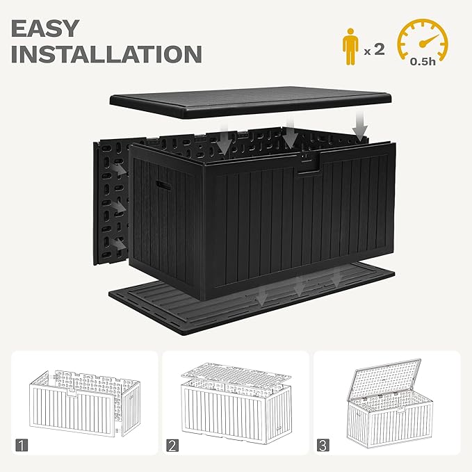 DWVO 150 Gallon Double-Wall Deck Box, XL Large Resin Outdoor Storage Box, Lockable & Waterproof, Double as Seating, 1000lbs Capacity (Black)