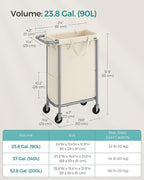SONGMICS Laundry Basket with Wheels, Rolling Laundry Hamper, 23.8 Gallons (90 L), Removable Liner, Steel Frame with Handle, 24 x 11.4 x 31.9 Inches, Cream White URLS003W01