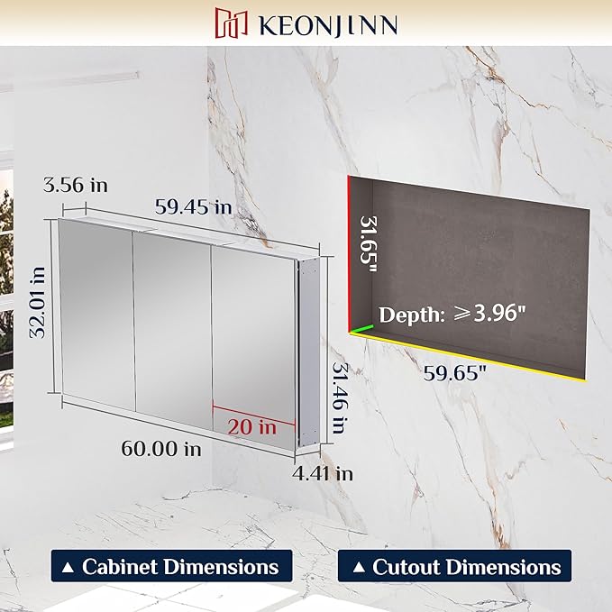 Keonjinn 64 x 32 Inch Medicine Cabinet, Assembly Required, White Bathroom Medicine Cabinets Mirror, Lightweight, Adjustable Shelves, Surface Mount or Recessed, Tempered Glass