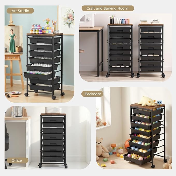 Rolling Cart with 8 Drawers, Plastic Drawer Storage Carts with Wheels & Wooden Tabletop, Metal Utility Cart Organizer for Bedroom Living Room Office Classroom Craft Organization and Storage, Black