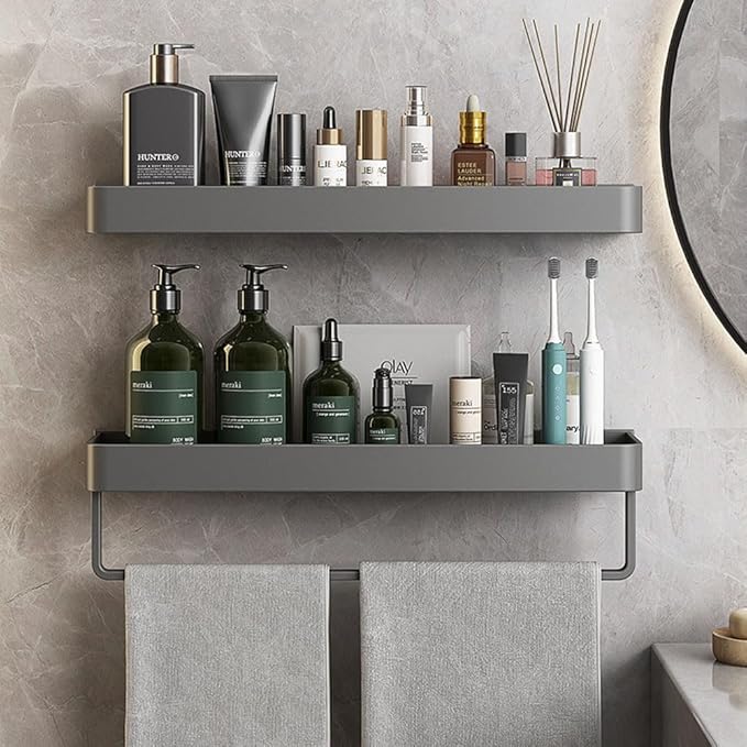 Wall Mounted Bathroom Shelves, 2-Tier Floating Shelf with Removable Hooks, Bathroom Wall Organizer(Gray)