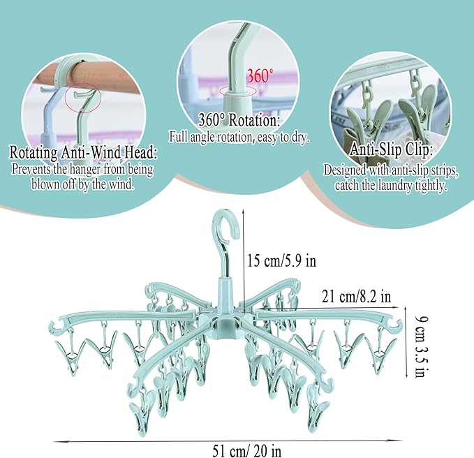 Foldable Drying Rack with 24 Clips for Drying Socks Lingerie Baby Clothes Drying Towels Rotatable Sock Drying Rack