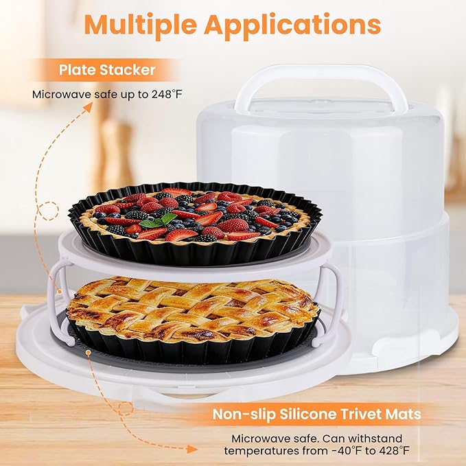 Foldable Cake Carrier with Portable Insulated Bag(Lightweight), Plate Stacker and Non-slip Silicone Trivet Mats, Holds up to 8.5in High and 10in Round Cake or 2pcs 9in Pies