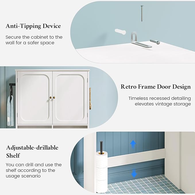 Over the Toilet Storage Cabinet with Mobile Bathroom Storage Cabinet & 3 Adjustable Shelves, Bathroom Storage Cabinet Over Toilet with 4 Section Drawers for Bathroom, Laundry Room, White