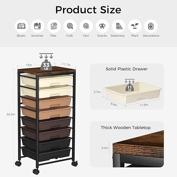 Rolling Cart with 8 Drawers, Plastic Drawer Storage Carts with Wheels & Wooden Tabletop, Metal Utility Cart Organizer for Bedroom Living Room Office Classroom Craft Organization and Storage, Brown