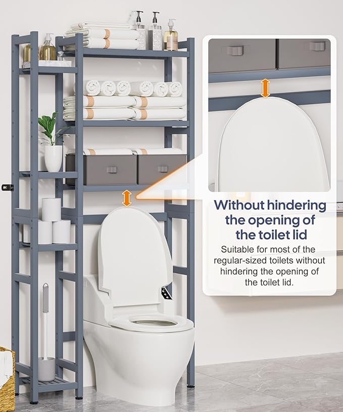 Homde Over The Toilet Storage with Basket and Drawer, Bamboo Bathroom Organizer with Adjustable Shelf & Waterproof Feet Pad, Space Saver Rack for Restroom, Laundry,Grey