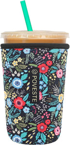 Reusable Neoprene Insulator Sleeve for Iced Coffee & Cold Soda, Coffee Sleeves for Iced & Hot Drinks, Cold Beverage Cooler Compatible with Starbucks, Dunkin (Garden Alike, Medium: 22-24oz)