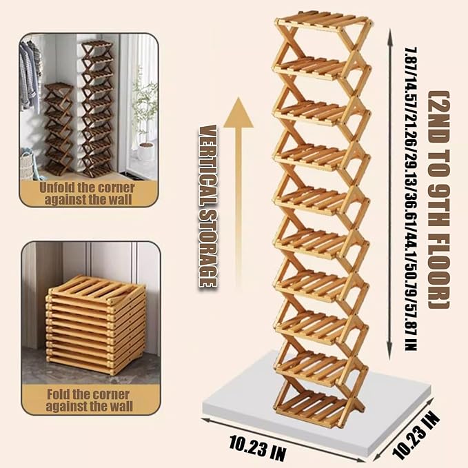 The 9-Tier No-Assembly Bamboo Rack, 2-9 Tier Folding Shoe Storage Rack, Space-Saving Organizer for Shoes, No Assembly Narrow Shoe Shelf for Entryway Closet Dorm (Natural, 2 Tier)